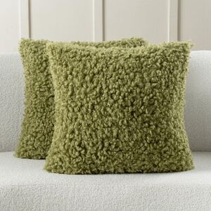 Futei NWT 2pc 16" Faux Shearling Decorative Throw Pillow Covers In Olive Green